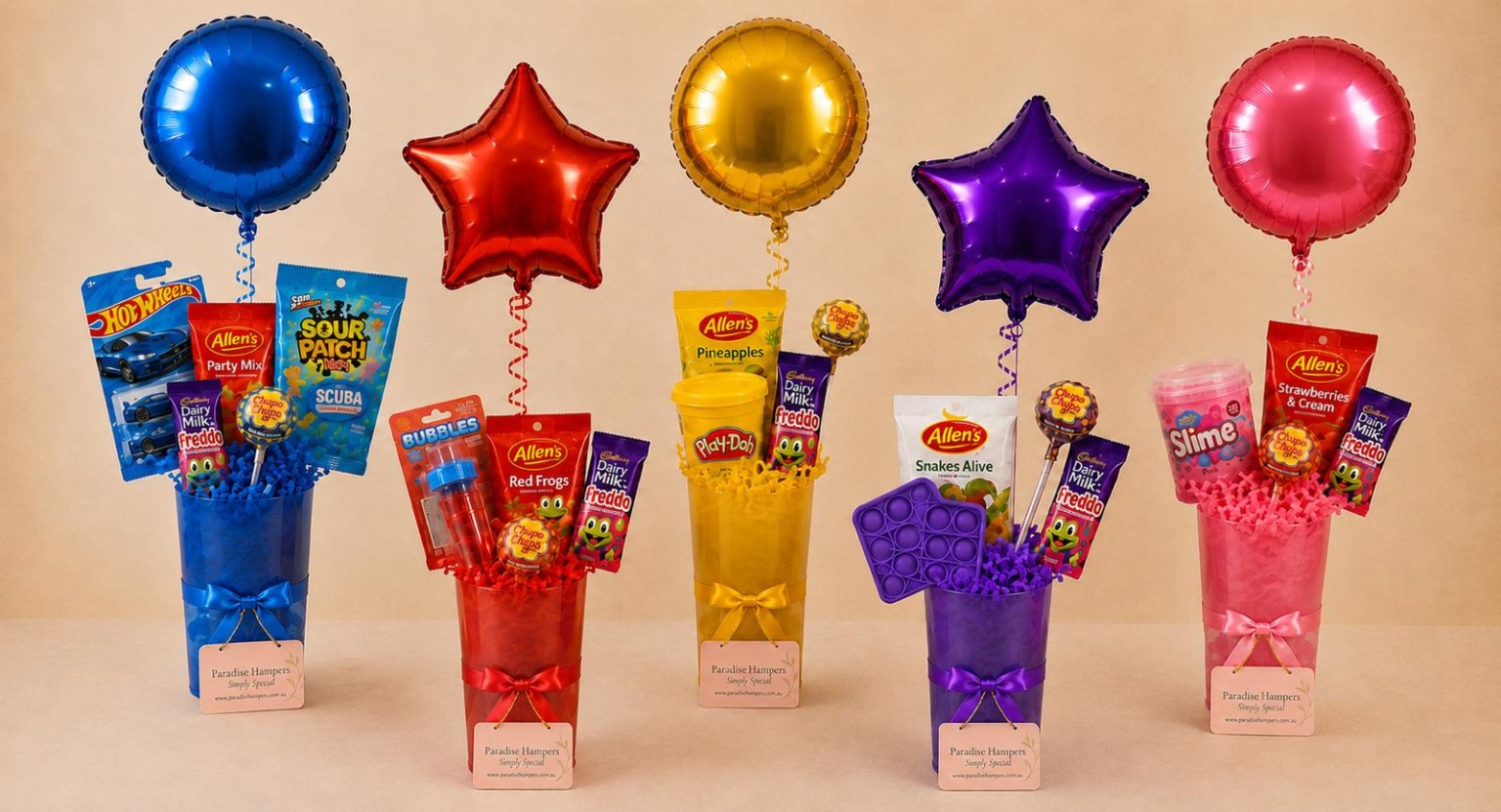 Colourful Paradise Hampers balloon and treat party favours